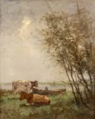 Cornelis  Groeneveld, rustende koeien in een landschap, oil on canvas