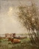 Cornelis  Groeneveld, rustende koeien in een landschap, oil on canvas