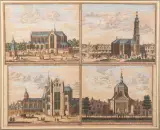 Christiaan Hagen, vier ingekleurde gravures: kerken van Leiden