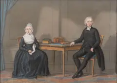 Rienk Jelgerhuis, portret van een echtpaar aan tafel, 1801, the subjects are Nicolaas Cornelis de Fremery (1770 1825); pastel on paper