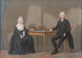 Rienk Jelgerhuis, portret van een echtpaar aan tafel, 1801, the subjects are Nicolaas Cornelis de Fremery (1770 1825); pastel on paper