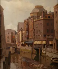 Herman  Bogman, het Steiger met op de achtergrond de koepel van de Sint Dominicuskerk te Rotterdam, oil on canvas