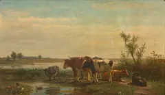 Simon van den Berg, rustende koeien bij een oever met watervogels, oil on canvas