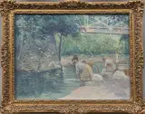 Eduard August Becht, kleding wassen aan de oever, oil on canvas