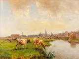 Fedor van Kregten, koeien aan de rand van de stad, oil on canvas