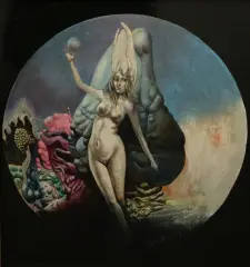 Victor Linford, vrouw in surrealistisch landschap, oil on board