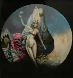 Victor Linford, vrouw in surrealistisch landschap, oil on board
