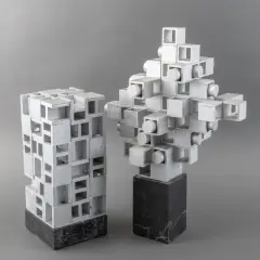 Theo Noorman, twee constructivistische houten sculpturen in zilverkleur, two constructivist wooden sculptures in silver color