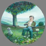 Nico Rypkema, fluitspelende man met hond in heuvellandschap, oil on round panel