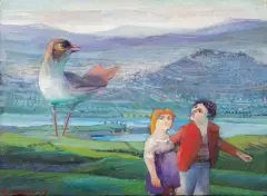 twee figuren en grote vogel in heuvellandschap by Nico Rypkema, signed and dated '77 in pencil, sold Jul 2026