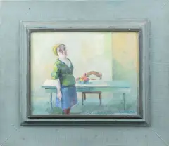 Nico Rypkema, vrouw in interieur met fruitschaal op tafel, oil on board