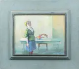 Nico Rypkema, vrouw in interieur met fruitschaal op tafel, oil on board