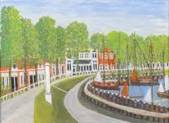 Willem van Dok, jachthaven met zeilbootjes, oil on canvas