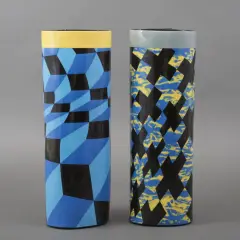 Dirk Dijkstra, Untitled, two polychrome earthenware cylindrical vases with decorations in mainly blue