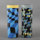 Dirk Dijkstra, Untitled, two polychrome earthenware cylindrical vases with decorations in mainly blue