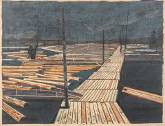 Toon Wegner, houtvlotterij in Finland, woodcut 10/60