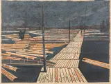 Toon Wegner, houtvlotterij in Finland, woodcut 10/60