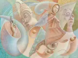 Valentine Okon Efiong, surrealistische compositie, oil on board