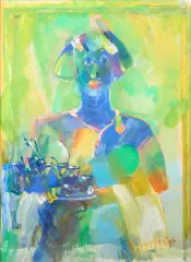 Nico Rypkema, vrouw met dienblad, acrylic on paper