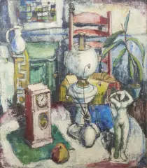 Bart Jonkers, interieurstilleven met tafelklok, and oil lamp