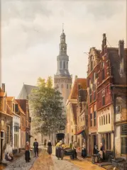Jan den Otter, straatje met figuren en kerk in het verschiet, oil on canvas