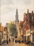Jan den Otter, straatje met figuren en kerk in het verschiet, oil on canvas