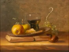 Ad de Roo, stilleven met fruit en boek, oil on panel