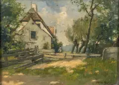 Chris Soer, boerderij tussen de bomen, oil on board
