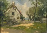 Chris Soer, boerderij tussen de bomen, oil on board