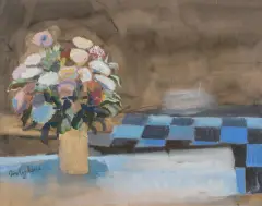 Nico Rypkema, stilleven met bloemenvaas en schaakbord, watercolor and gouache on paper