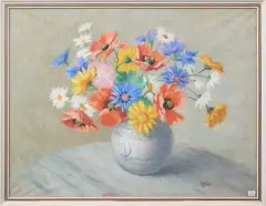 Bernardus Dons, boeket met klaprozen en korenbloemen, gouache