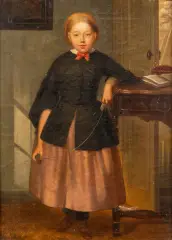 Joseph van Lil, staand portret van meisje met breiwerk, oil on canvas