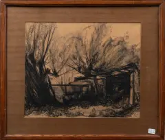 Arnold Willem Kort, open schuur op erf, charcoal on paper
