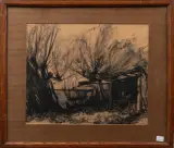 Arnold Willem Kort, open schuur op erf, charcoal on paper