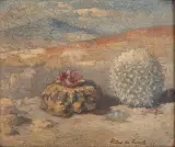 Pieter de Zwart, twee cactussen in een woestijnlandschap, oil on plywood