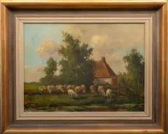 Cor Bouter, boer met schapen, oil on canvas