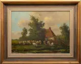 Cor Bouter, boer met schapen, oil on canvas