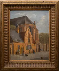Johan Frederik Godlieb Bode, figuren bij kerk, oil on panel