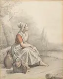 zittende vrouw in landschap met kruik en mand aan haar voeten by Mogelijk Elchanon Leonardus Verveer, 1845, pencil and reddish signature likely added later-, sold Jul 2026
