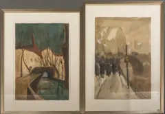 Charles Hollman, twee werken: gracht in de winter, both watercolor and chalk on paper