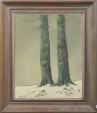Adrianus Johannes Jacobus de Winter, twee boomstammen in de sneeuw, oil on cardboard