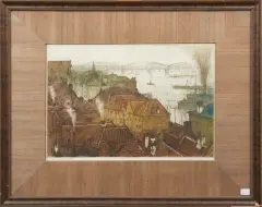 Eugène Lücker, zicht op de spoorbrug te Nijmegen, color etching
