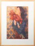 Marcel Schellekens, vrouw met amaryllissen, color etching