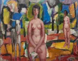 Harmen Post, twee vrouwelijke naakten en een ezel, oil on board