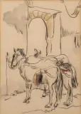 Lili Pieter van Leer, twee ezels, charcoal and watercolor on paper