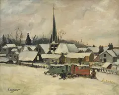 Celso Lagar Arroyo, Roulotte stationnée devant un village enneigé, huile sur toile