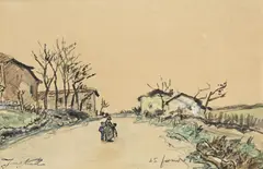Johan Jongkind, Sans titre, _"Femme et enfant sur une route en Dauphiné",_25 février 1881, technique mixte (aquarelle, encre et fusain) sur papier