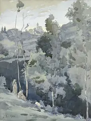 Jean Bouchaud, Paysage animé, aquarelle sur papier