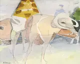 Camille Hilaire, Vaches et personnages, aquarelle sur papier