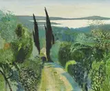 René Genis, Chemin aux deux cyprès, huile sur toile